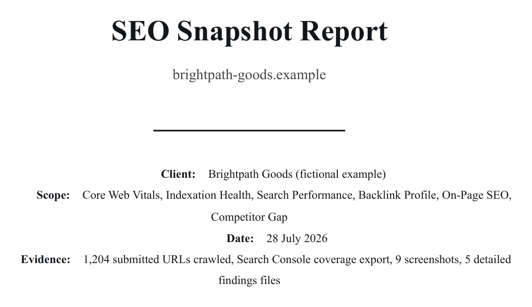 Cover page of a sample SEO Snapshot PDF audit report